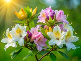 Vibrant azaleas blooms unfold in warm spring sunlight, their delicate pink, purple, yellow, and white petals unfolding like delicate silk against a serene green backdrop.