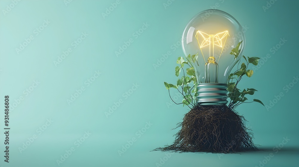 Poster enlightened growth 3d rendered light bulb with interconnected roots symbolizing insight and foundati