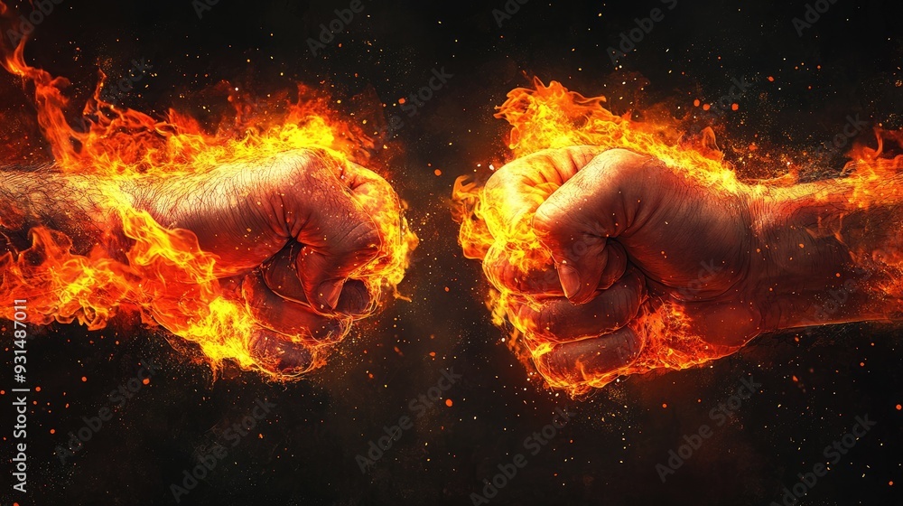 Wall mural A fiery clash of fists, with flames erupting as they meet, representing intense rivalry and conflict.