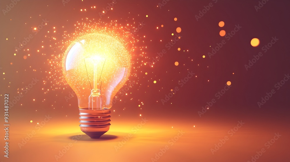 Poster illuminated light bulb expanding rays symbolizing ideas and growth paths in flat design