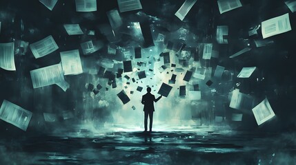 A solitary figure surrounded by floating, fragmented legal symbols and paperwork in a dark, abstract space, surreal and moody lighting, minimalist and conceptual artistic style, mood of being lost in
