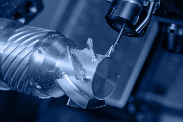 CNC turning production of technological parts for shaft with impeller. Heavy industry background,...