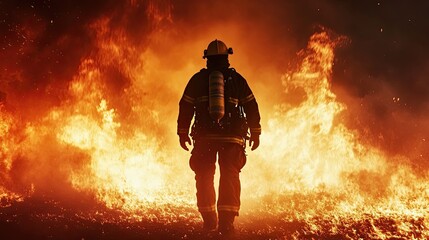 Naklejka premium A firefighter silhouette facing a blazing inferno, back turned, showcasing bravery and dedication amidst a sea of fire
