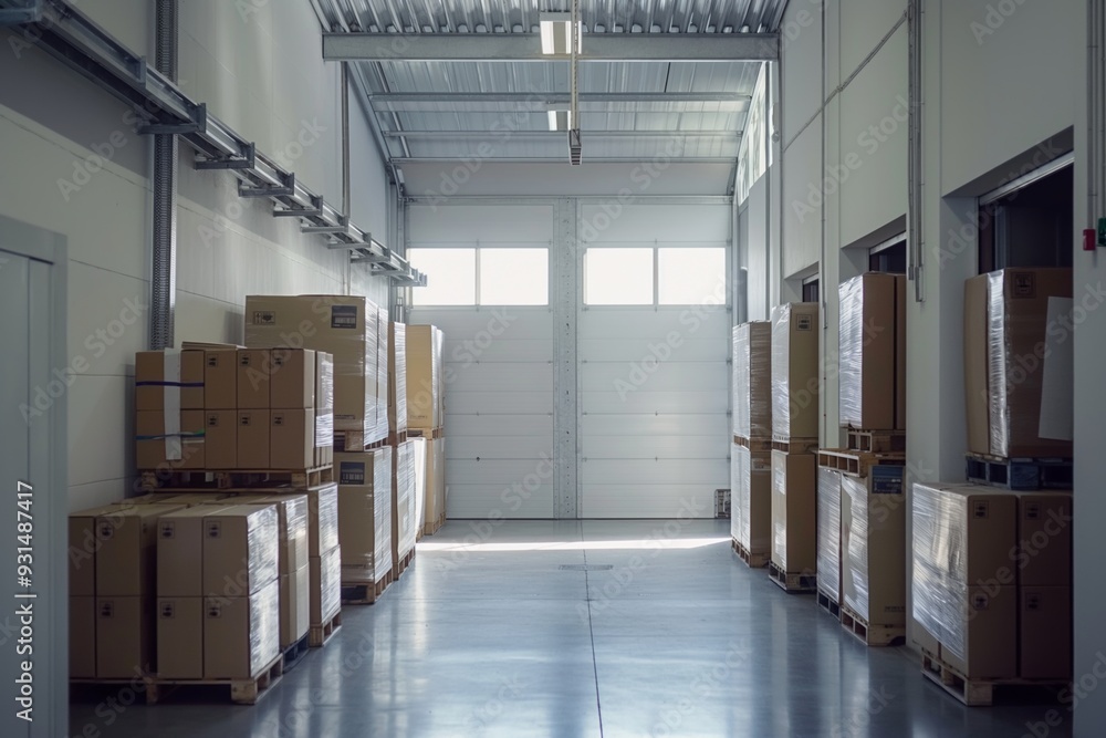 Poster a warehouse with many boxes stacked on pallets. the boxes are all different sizes and colors. the wa