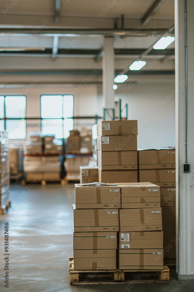 Poster a warehouse with boxes stacked on pallets. the boxes are brown and are piled high. the warehouse is 