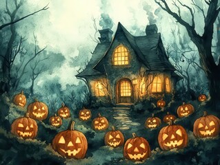 Fototapeta premium A spooky Halloween scene featuring a haunted house surrounded by glowing pumpkins in a misty, eerie landscape.