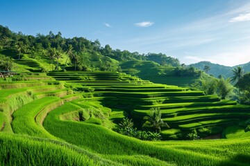 A lush green field with a hill in the background. The field is full of green rice plants and the sky is clear and blue