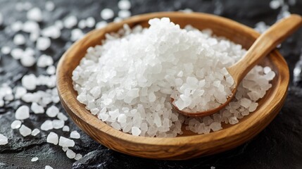 Coarse Sea salt on wooden plate, Sea salt, Epsom salt, Himalayan salt, bath salt ingredients