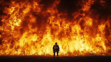 Fototapeta premium A lone firefighter stands firm, back to the camera, confronting a massive wall of flames, symbolizing strength and resolve