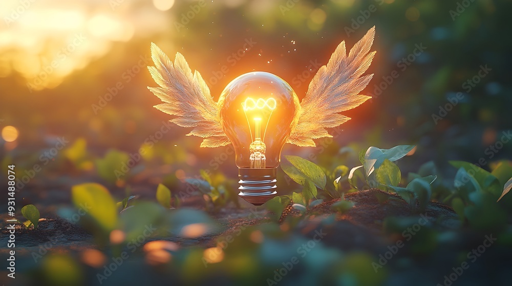 Poster light bulb with sprouting wings ideas taking flight and growing conceptually