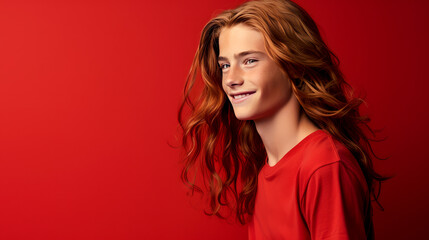 Naklejka premium Portrait of a happy smiling red-haired, long haired confident teenage guy with perfect skin, red background, banner.