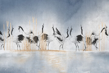 Dancing cranes over the lake. Illustration with ombre in background. Can be used as wallpaper, wall decoration, poster, card.