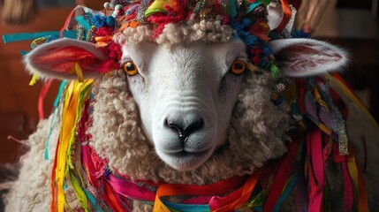 Obraz premium A sheep adorned with colorful ribbons and ornaments, close-up shot with vibrant decorations