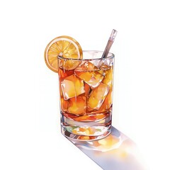 Cocktail watercolor painting, brown whiskey sour alcoholic beverage hand-painted illustration. Isolated on white background. Suitable for drink, menu, banner for advert