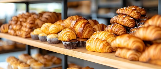 3D display case in a bakery setting, filled with freshly baked goods like croissants, baguettes, and muffins, evoking the warmth of a traditional bakery