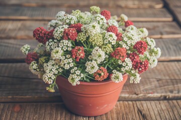 Naklejka premium Delicate alyssum flowers in soft pastel hues cascade from a rustic red-brown pot, beautifully arranged on a worn wooden table, capturing a warm and cozy atmosphere.