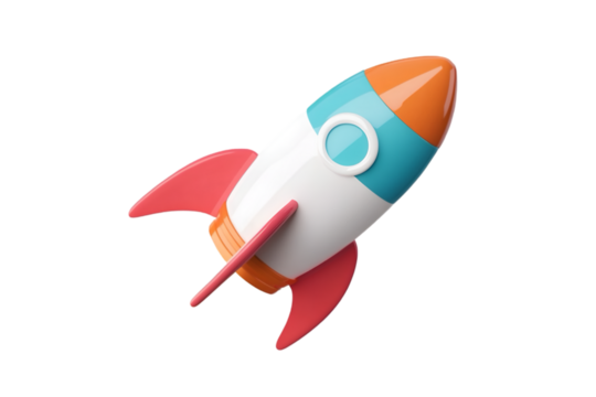 A red rocket icon flying through space in a cartoon-style illustration