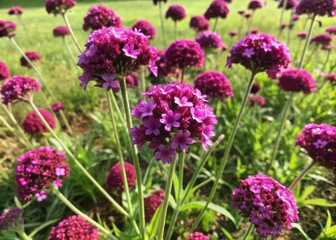 Vibrant purple Verbena flowers bloom amidst lush green grass on a sunny day, their delicate petals and stems swaying gently in the breeze.