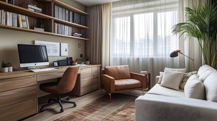 Striking a Harmonious Work Life Balance in a Cozy Home Office Setting A well designed workspace that effortlessly blends productivity and relaxation
