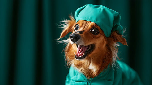 Funny portrayal of a dog wearing scrubs, captured in a "derp" face with a double-take expression, as if reacting to something unexpected