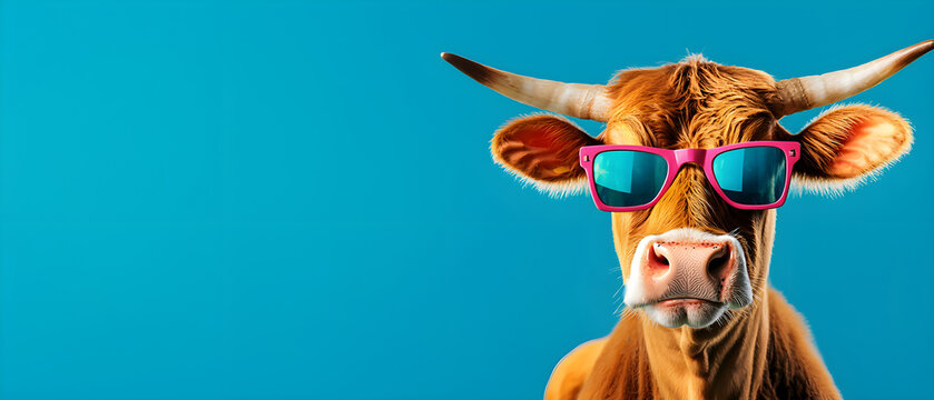 Fun and modern artwork of a cow in trendy eyewear, exuding "moo-chic" charm with a dash of humor and style