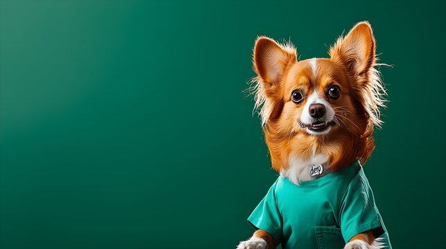 Funny portrayal of a dog wearing scrubs, captured in a "derp" face with a double-take expression, as if reacting to something unexpected