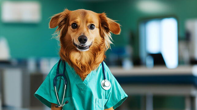 Funny portrayal of a dog wearing scrubs, captured in a "derp" face with a double-take expression, as if reacting to something unexpected