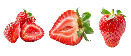 Fresh strawberries, whole and sliced, showcasing their vibrant color and texture.
