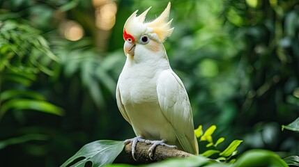 A white cockatiel with red cheeks, standing out against a natural green setting