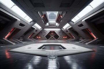 Futuristic spaceship interior with red lights.