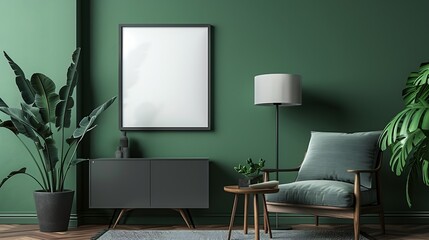 Green living room wall background with grey decorative chair lamp frame middle table and poster style : Generative AI