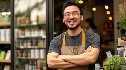 A confident franchise owner standing in front of their store, showcasing the brand's logo and products with a welcoming smile