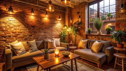 Fototapeta premium Intimate space filled with warm golden glow, earthy tones, and weathered brick, creating a sense of cozy comfort and relaxed intimacy.
