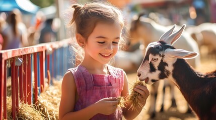 Wide shot of a petting zoo at a county fair, children feeding and petting animals like goats and rabbits, colorful fencing and hay bales, bright and sunny day, joyful and family-friendly atmosphere,