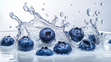 Fresh blueberries falling into yoghurt cream, milk explosion, dynamic health food concept