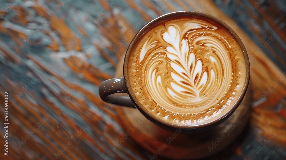 Poster top view of hot coffee latte art on wood table : generative ai