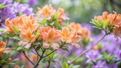 Obraz premium Vibrant orange azaleas in full bloom radiate warmth against a soft, colorful backdrop of pastel hues and gentle, blurred foliage on a serene spring day.