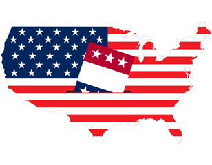 Flying vote paper put in election box with America flag in map. concept for USA election vote theme background.