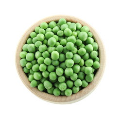 Fresh green peas in bowl isolated on white, top view