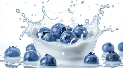 Fresh blueberries falling into yoghurt cream, milk explosion, dynamic health food concept