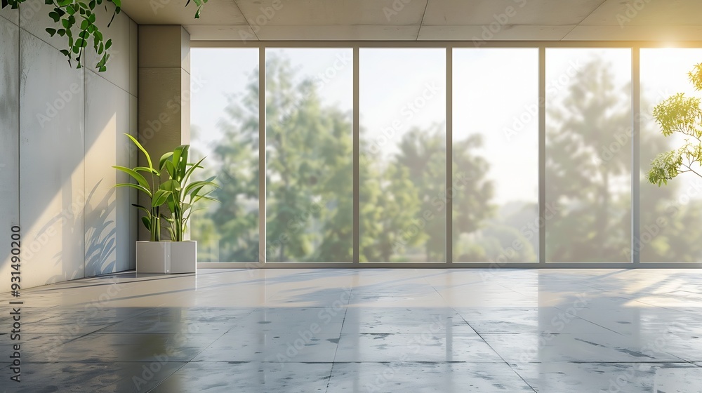 Poster interior design of a room in a new building with large windows : Generative AI