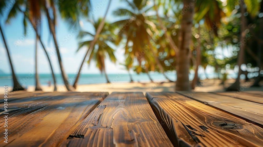 Aufkleber Empty wooden table with blurred beach with coconut trees in the background : Generative AI