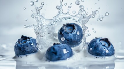 Fresh blueberries falling into yoghurt cream, milk explosion, dynamic health food concept