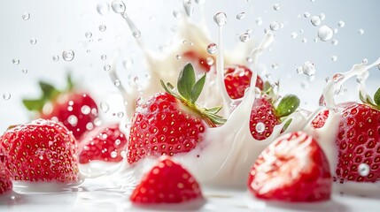 Strawberry falling into milk splash, dynamic health food