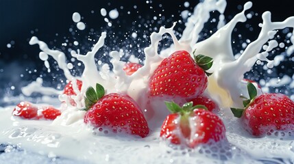 Strawberry falling into milk splash, black background