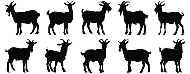 Goat silhouettes set, animal pack of vector silhouette design, isolated background
