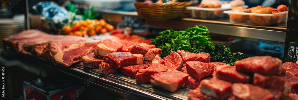 Aufkleber a butcher shop with a variety of meats and vegetables on display. scene is inviting and appetizing