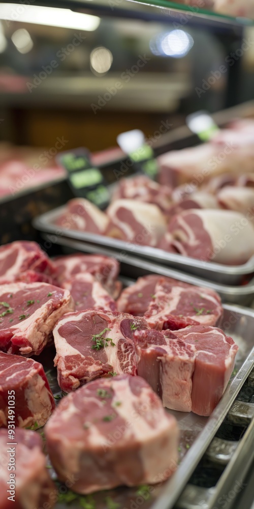 Poster a display of meat in a butcher shop. the meat is cut into various shapes and sizes, including cubes 