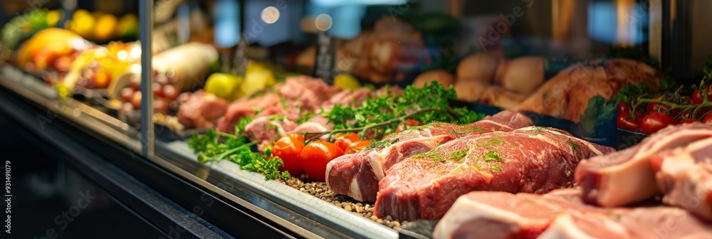 Poster a display of meat and vegetables in a butcher shop. the meat is cut into various shapes and sizes, a