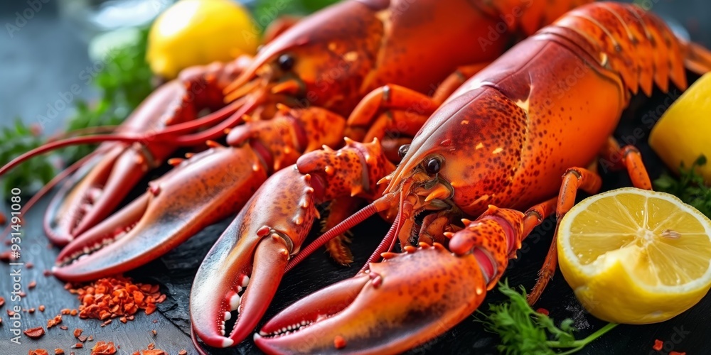 Aufkleber three lobsters are on a black table with a lemon and some parsley. the lobsters are large and red, a